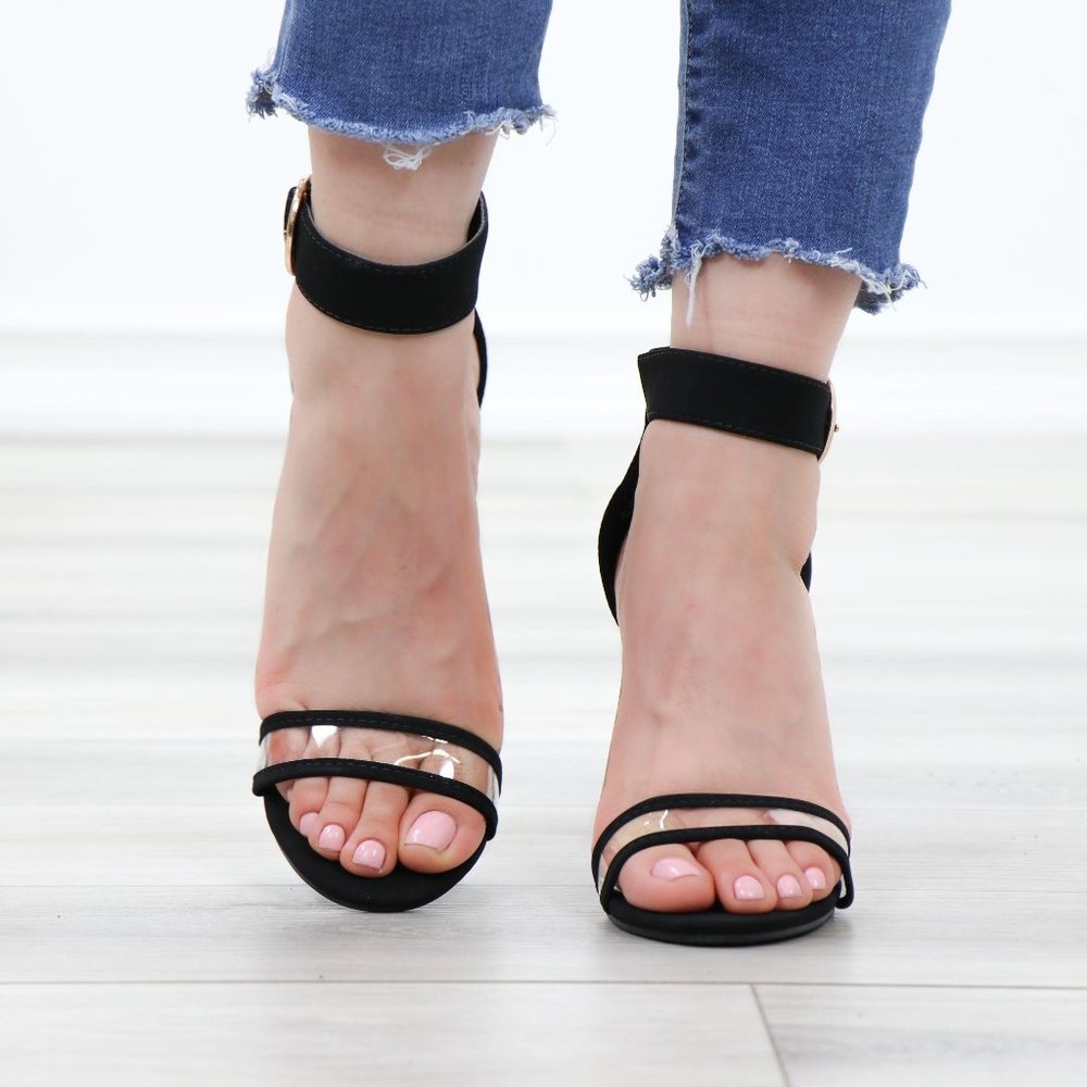 Velvet Black Open Toe Clear Strap High Heel Sandal - Picture 10 of 13